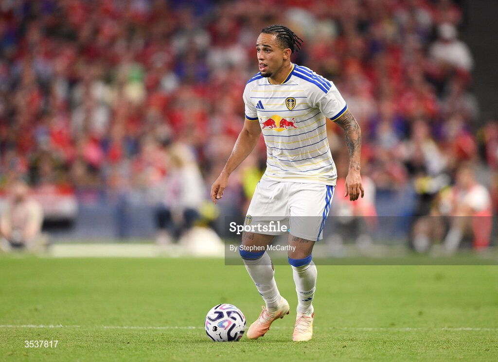 12 August 2026; Noah Okafor of Leeds United during the pre-season friendly match between Manchester United and Leeds United at Croke Park in Dublin. Photo by Stephen McCarthy/Sportsfile