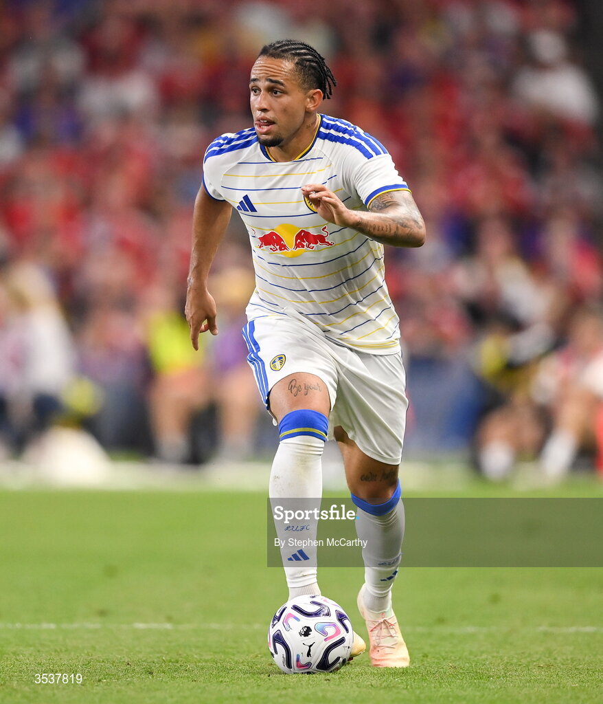12 August 2026; Noah Okafor of Leeds United during the pre-season friendly match between Manchester United and Leeds United at Croke Park in Dublin. Photo by Stephen McCarthy/Sportsfile