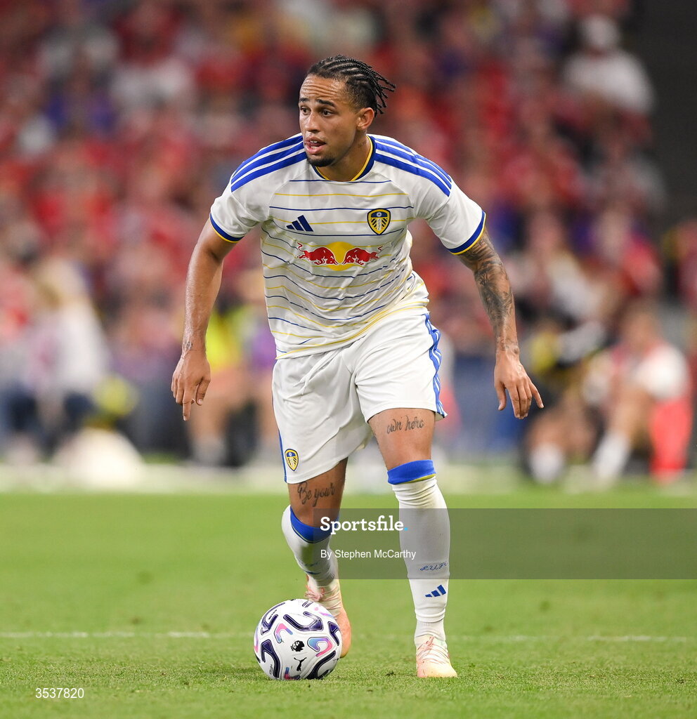 12 August 2026; Noah Okafor of Leeds United during the pre-season friendly match between Manchester United and Leeds United at Croke Park in Dublin. Photo by Stephen McCarthy/Sportsfile