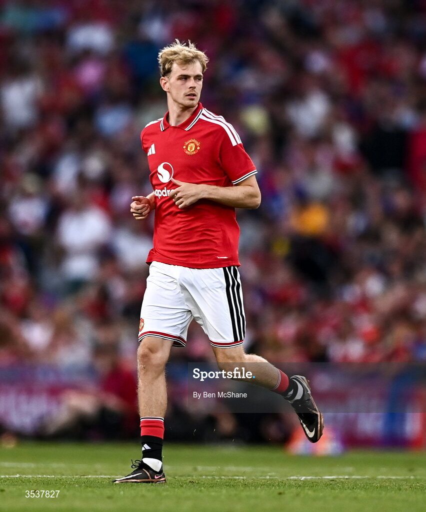 12 August 2026; Toby Collier of Manchester United of Manchester United during the pre-season friendly match between Manchester United and Leeds United at Croke Park in Dublin. Photo by Ben McShane/Sportsfile