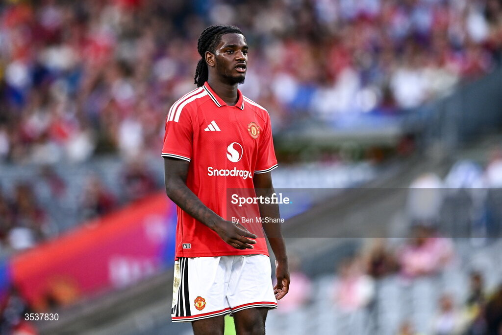 12 August 2026; Ayden Heaven of Manchester United during the pre-season friendly match between Manchester United and Leeds United at Croke Park in Dublin. Photo by Ben McShane/Sportsfile