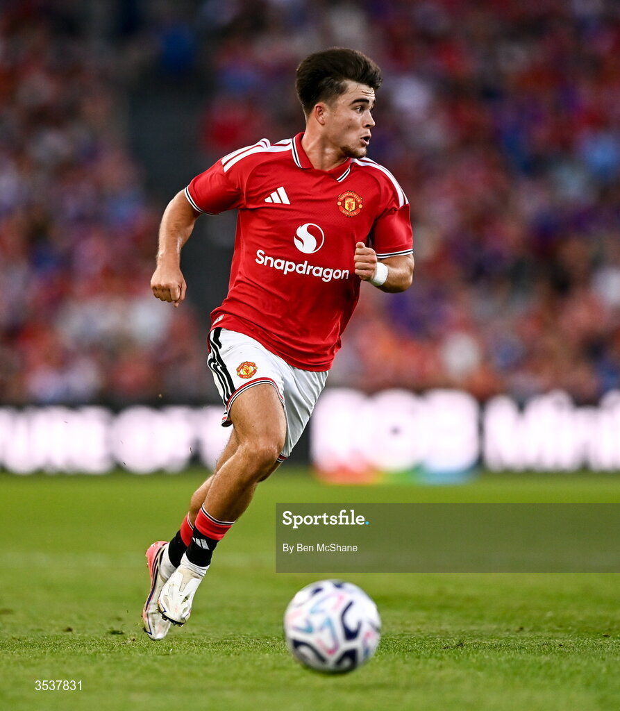 12 August 2026; Harry Amass of Manchester United during the pre-season friendly match between Manchester United and Leeds United at Croke Park in Dublin. Photo by Ben McShane/Sportsfile
