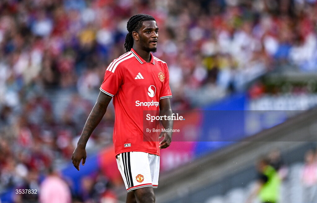 12 August 2026; Ayden Heaven of Manchester United during the pre-season friendly match between Manchester United and Leeds United at Croke Park in Dublin. Photo by Ben McShane/Sportsfile