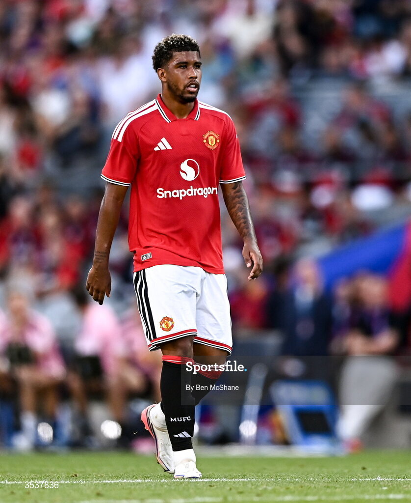 12 August 2026; Andrey Santos of Manchester United during the pre-season friendly match between Manchester United and Leeds United at Croke Park in Dublin. Photo by Ben McShane/Sportsfile