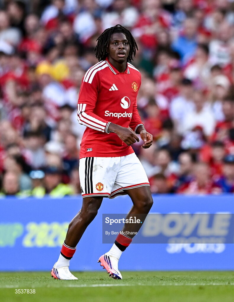 12 August 2026; Patrick Dorgu of Manchester United during the pre-season friendly match between Manchester United and Leeds United at Croke Park in Dublin. Photo by Ben McShane/Sportsfile