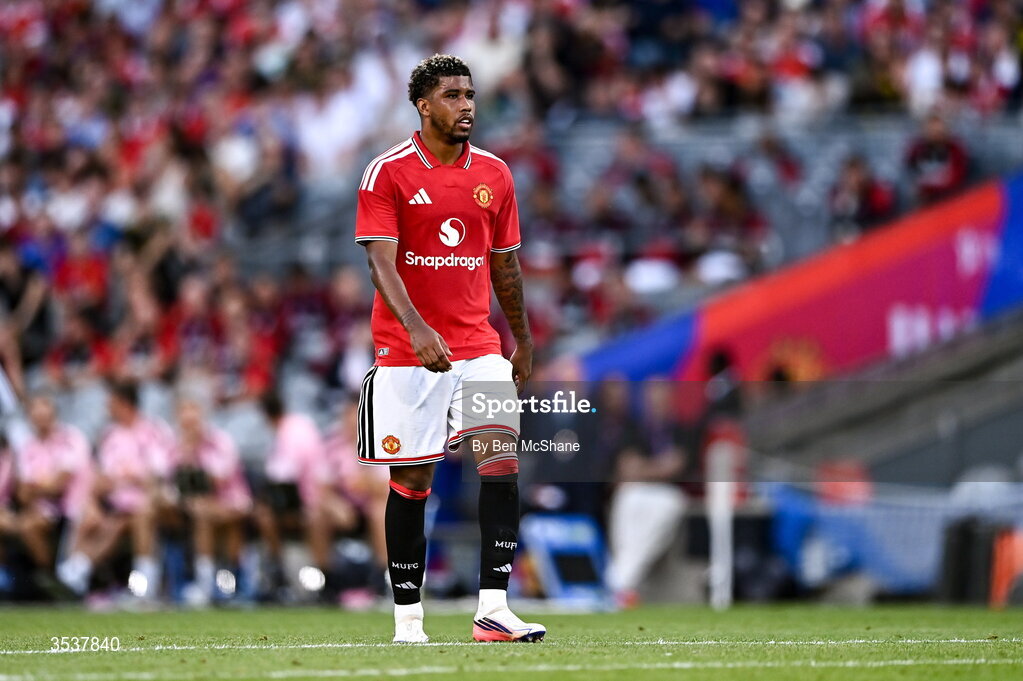 12 August 2026; Andrey Santos of Manchester United during the pre-season friendly match between Manchester United and Leeds United at Croke Park in Dublin. Photo by Ben McShane/Sportsfile