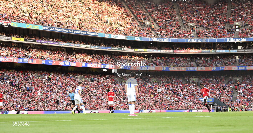 12 August 2026; Amad Diallo of Manchester United takes a free-kick during the pre-season friendly match between Manchester United and Leeds United at Croke Park in Dublin. Photo by Stephen McCarthy/Sportsfile