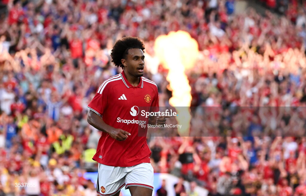 12 August 2026; Joshua Zirkzee of Manchester United celebrates after scoring his side's first goal during the pre-season friendly match between Manchester United and Leeds United at Croke Park in Dublin. Photo by Stephen McCarthy/Sportsfile