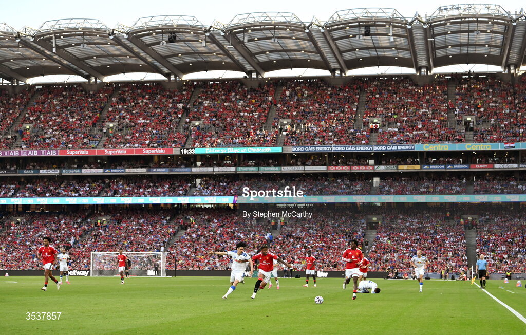 12 August 2026; A general view of the action during the pre-season friendly match between Manchester United and Leeds United at Croke Park in Dublin. Photo by Stephen McCarthy/Sportsfile