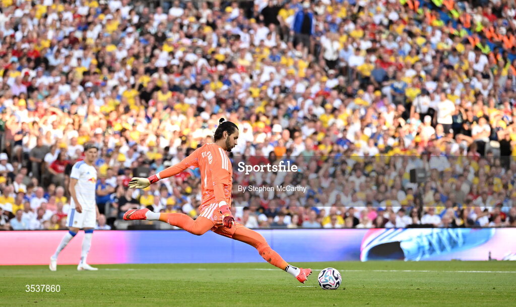 12 August 2026; Leeds United goalkeeper James Trafford during the pre-season friendly match between Manchester United and Leeds United at Croke Park in Dublin. Photo by Stephen McCarthy/Sportsfile