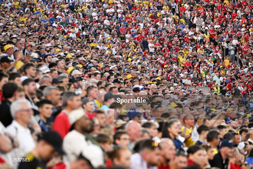 12 August 2026; Supporters on Hill 16 during the pre-season friendly match between Manchester United and Leeds United at Croke Park in Dublin. Photo by Stephen McCarthy/Sportsfile