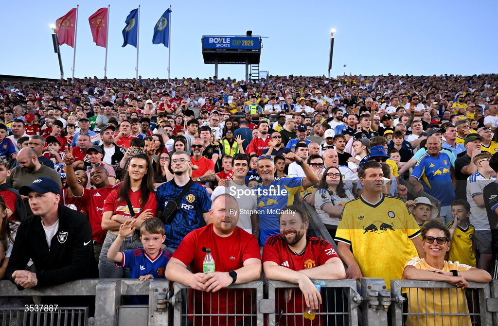 12 August 2026; Supporters on Hill 16 during the pre-season friendly match between Manchester United and Leeds United at Croke Park in Dublin. Photo by Stephen McCarthy/Sportsfile