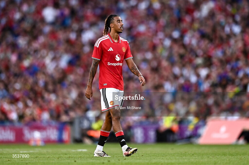 12 August 2026; Leny Yoro of Manchester United during the pre-season friendly match between Manchester United and Leeds United at Croke Park in Dublin. Photo by Ben McShane/Sportsfile