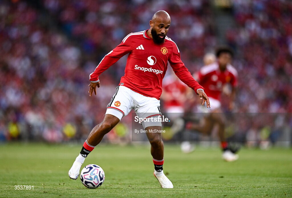 12 August 2026; Bryan Mbeumo of Manchester United during the pre-season friendly match between Manchester United and Leeds United at Croke Park in Dublin. Photo by Ben McShane/Sportsfile