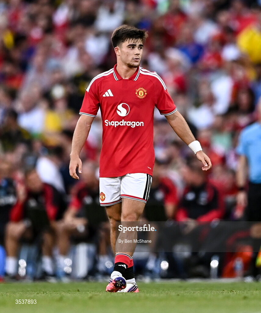 12 August 2026; Harry Amass of Manchester United during the pre-season friendly match between Manchester United and Leeds United at Croke Park in Dublin. Photo by Ben McShane/Sportsfile