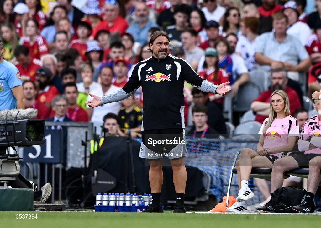 12 August 2026; Leeds United manager Daniel Farke during the pre-season friendly match between Manchester United and Leeds United at Croke Park in Dublin. Photo by Ben McShane/Sportsfile
