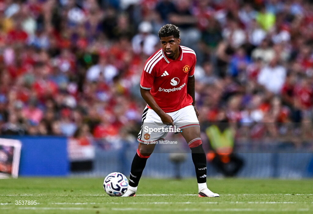 12 August 2026; Andrey Santos of Manchester United during the pre-season friendly match between Manchester United and Leeds United at Croke Park in Dublin. Photo by Ben McShane/Sportsfile