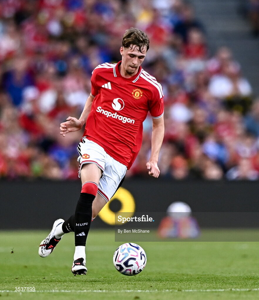 12 August 2026; Tyler Fletcher of Manchester United during the pre-season friendly match between Manchester United and Leeds United at Croke Park in Dublin. Photo by Ben McShane/Sportsfile