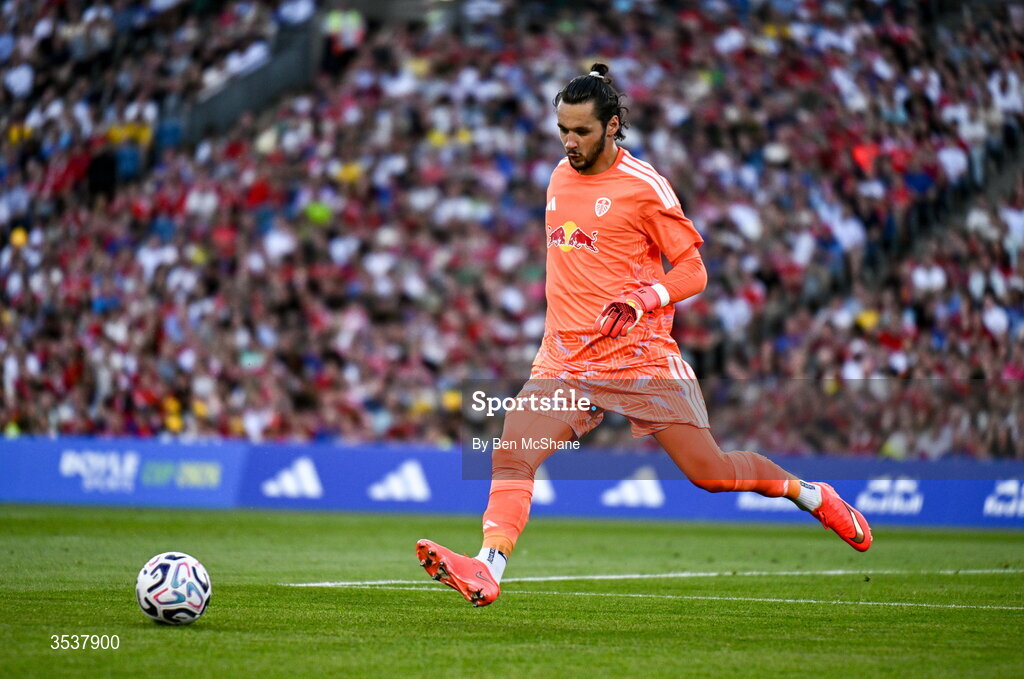 12 August 2026; Leeds United goalkeeper James Trafford during the pre-season friendly match between Manchester United and Leeds United at Croke Park in Dublin. Photo by Ben McShane/Sportsfile