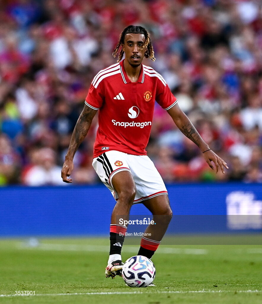 12 August 2026; Leny Yoro of Manchester United during the pre-season friendly match between Manchester United and Leeds United at Croke Park in Dublin. Photo by Ben McShane/Sportsfile