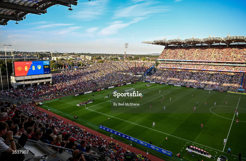 12 August 2026; A general view of the action during the pre-season friendly match between Manchester United and Leeds United at Croke Park in Dublin. Photo by Ben McShane/Sportsfile