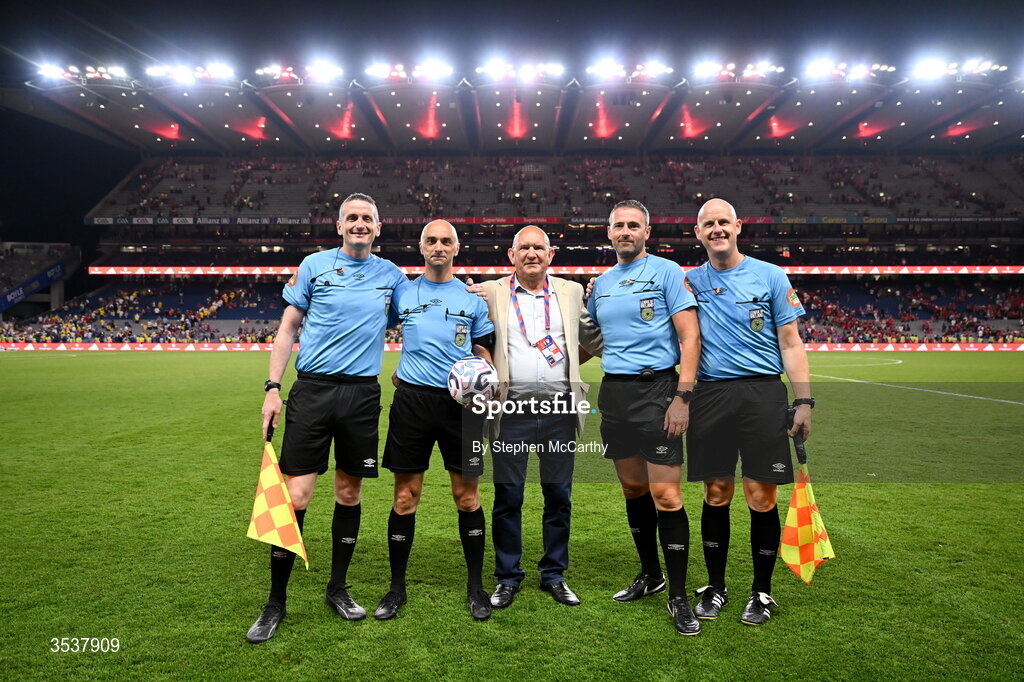 12 August 2026; Match officials, from left, assistant referee Darren Corcoran, referee Neil Doyle, referee observer Jimmy O’Reilly, fourth official Paul McLaughlin and assistant referee Allen Lynch following the pre-season friendly match between Manchester United and Leeds United at Croke Park in Dublin. Photo by Stephen McCarthy/Sportsfile
