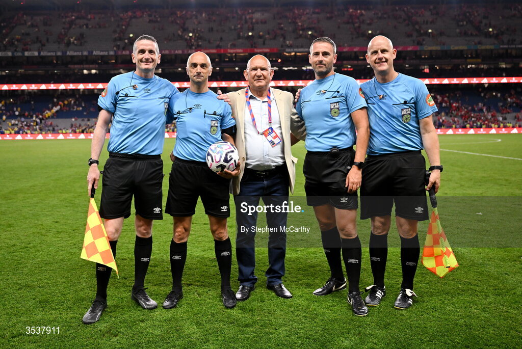 12 August 2026; Match officials, from left, assistant referee Darren Corcoran, referee Neil Doyle, referee observer Jimmy O’Reilly, fourth official Paul McLaughlin and assistant referee Allen Lynch following the pre-season friendly match between Manchester United and Leeds United at Croke Park in Dublin. Photo by Stephen McCarthy/Sportsfile