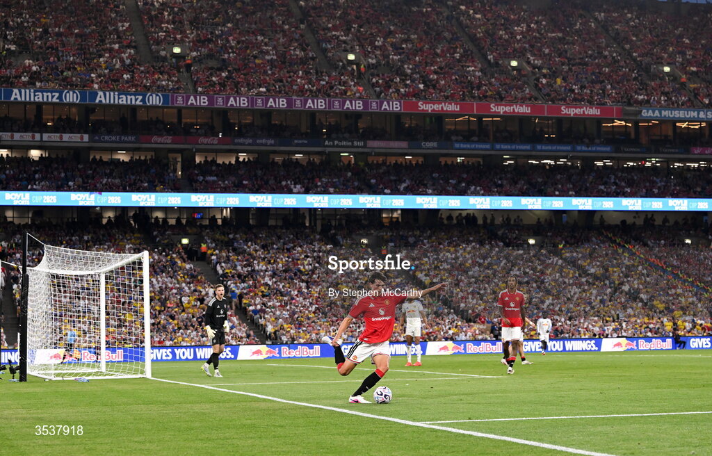 12 August 2026; Dan Armer of Manchester United during the pre-season friendly match between Manchester United and Leeds United at Croke Park in Dublin. Photo by Stephen McCarthy/Sportsfile