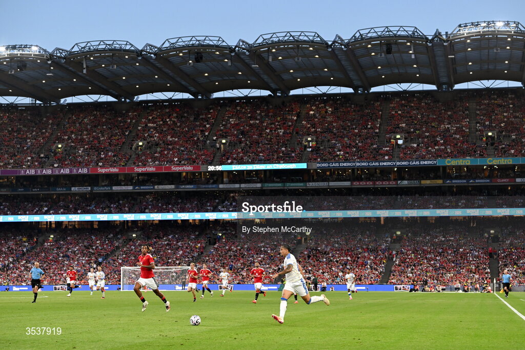 12 August 2026; Noah Okafor of Leeds United during the pre-season friendly match between Manchester United and Leeds United at Croke Park in Dublin. Photo by Stephen McCarthy/Sportsfile