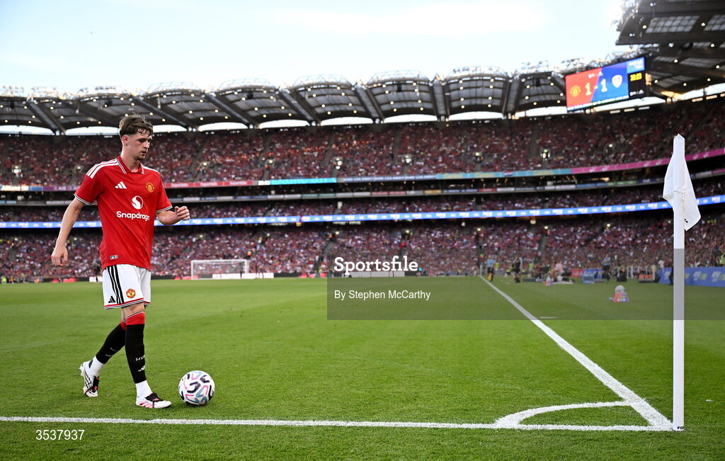 12 August 2026; Tyler Fletcher of Manchester United makes his way to take a corner during the pre-season friendly match between Manchester United and Leeds United at Croke Park in Dublin. Photo by Stephen McCarthy/Sportsfile