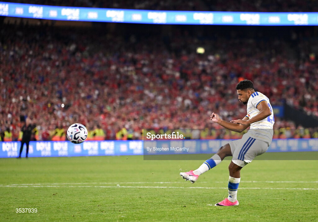 12 August 2026; James Justin of Leeds United fails to convert his penalty in the penalty shootout at the end of the pre-season friendly match between Manchester United and Leeds United at Croke Park in Dublin. Photo by Stephen McCarthy/Sportsfile