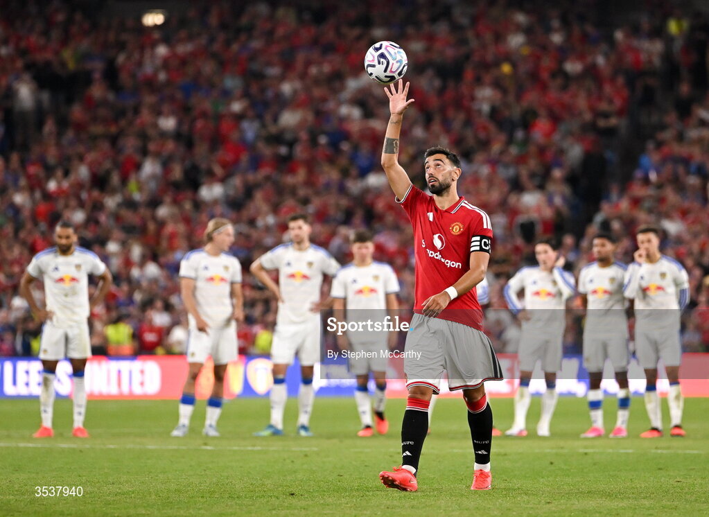 12 August 2026; Bruno Fernandes of Manchester United approaches to take a penalty in the penalty shootout at the end of the pre-season friendly match between Manchester United and Leeds United at Croke Park in Dublin. Photo by Stephen McCarthy/Sportsfile