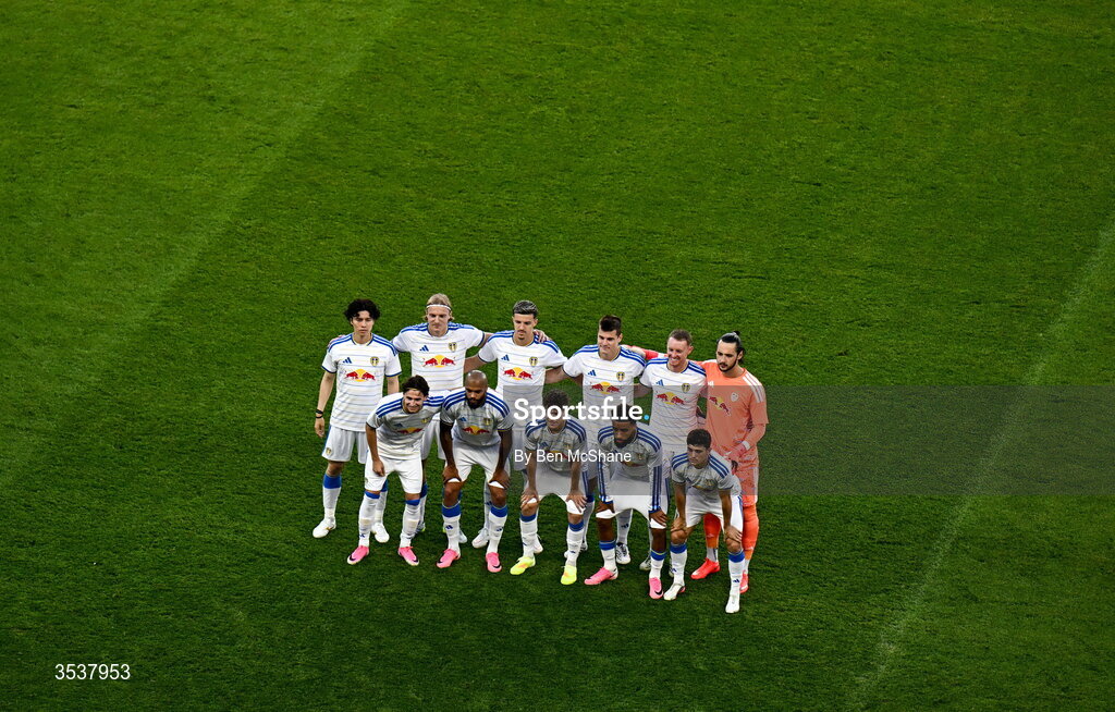 12 August 2026; The Leeds United team before the pre-season friendly match between Manchester United and Leeds United at Croke Park in Dublin. Photo by Ben McShane/Sportsfile