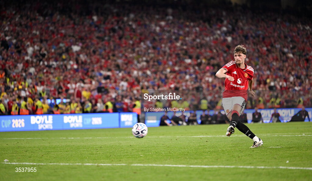12 August 2026; Jack Fletcher of Manchester United scores his penalty in the penalty shootout at the end of the pre-season friendly match between Manchester United and Leeds United at Croke Park in Dublin. Photo by Stephen McCarthy/Sportsfile