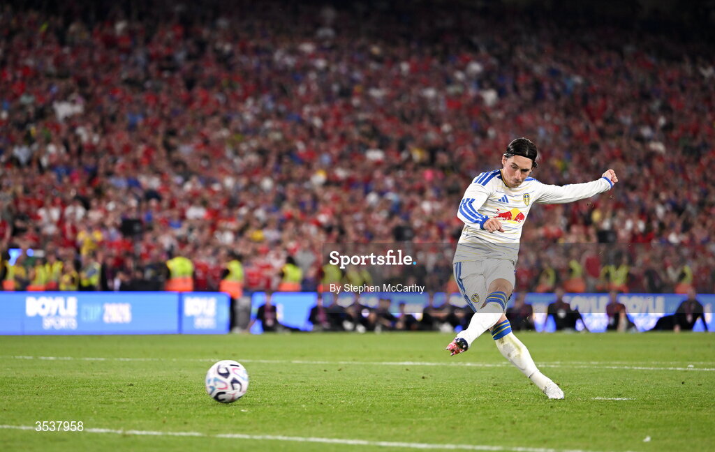 12 August 2026; Harry Wilson of Leeds United fails to convert his penalty in the penalty shootout at the end of the pre-season friendly match between Manchester United and Leeds United at Croke Park in Dublin. Photo by Stephen McCarthy/Sportsfile