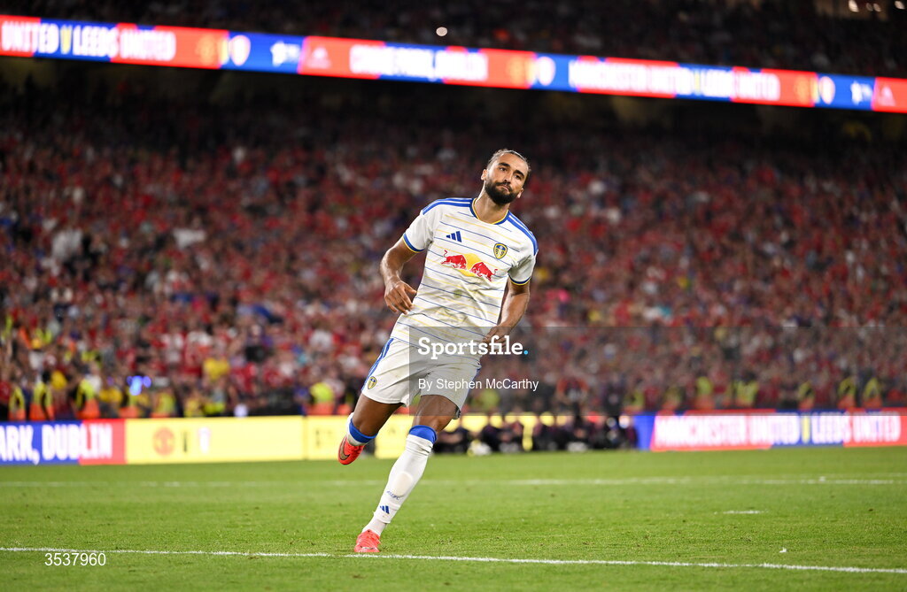 12 August 2026; Dominic Calvert-Lewin of Leeds United after scoring his penalty in the penalty shootout at the end of the pre-season friendly match between Manchester United and Leeds United at Croke Park in Dublin. Photo by Stephen McCarthy/Sportsfile