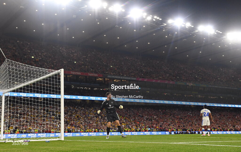 12 August 2026; Manchester United goalkeeper Dermot Mee celebrates after James Justin of Leeds United failed to convert during a penalty shootout at the end of the pre-season friendly match between Manchester United and Leeds United at Croke Park in Dublin. Photo by Stephen McCarthy/Sportsfile