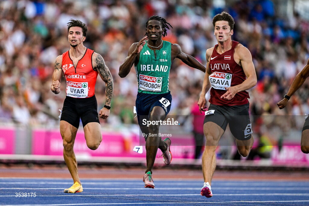 13 August 2026; Sean Aigboboh of Ireland, centre, finishes fourth in his men's 200m semi-final during day four of the European Athletics Championships 2026 at Alexander Stadium in Birmingham, England. Photo by Sam Barnes/Sportsfile