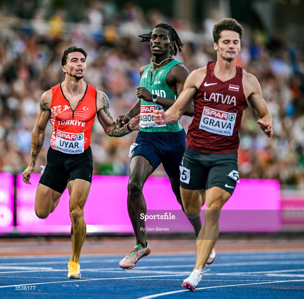 13 August 2026; Sean Aigboboh of Ireland, centre, finishes fourth in his men's 200m semi-final during day four of the European Athletics Championships 2026 at Alexander Stadium in Birmingham, England. Photo by Sam Barnes/Sportsfile