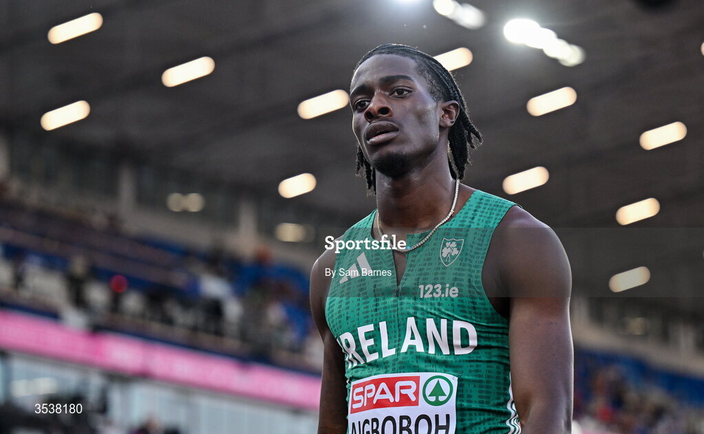 13 August 2026; Sean Aigboboh of Ireland after finishing fourth in his men's 200m semi-final during day four of the European Athletics Championships 2026 at Alexander Stadium in Birmingham, England. Photo by Sam Barnes/Sportsfile