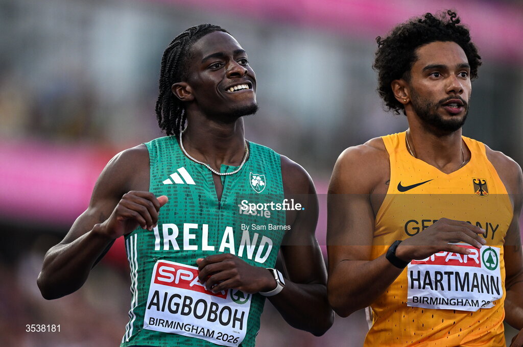 13 August 2026; Sean Aigboboh of Ireland after finishing fourth in his men's 200m semi-final during day four of the European Athletics Championships 2026 at Alexander Stadium in Birmingham, England. Photo by Sam Barnes/Sportsfile