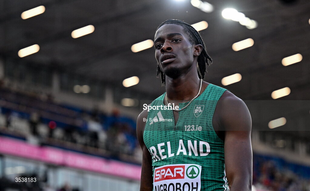 13 August 2026; Sean Aigboboh of Ireland after finishing fourth in his men's 200m semi-final during day four of the European Athletics Championships 2026 at Alexander Stadium in Birmingham, England. Photo by Sam Barnes/Sportsfile