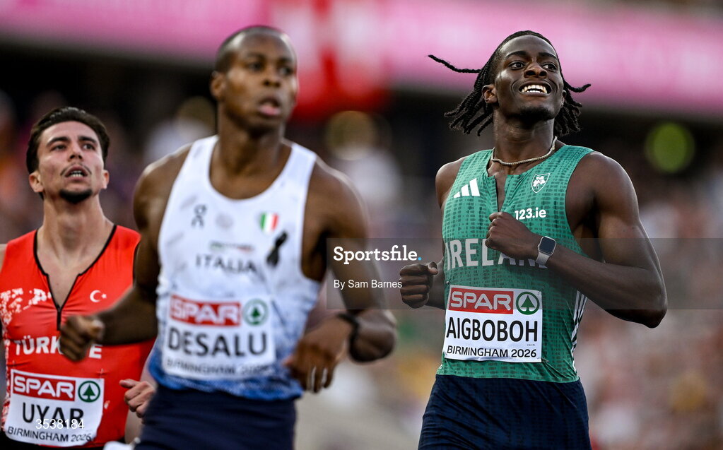 13 August 2026; Sean Aigboboh of Ireland after finishing fourth in his men's 200m semi-final during day four of the European Athletics Championships 2026 at Alexander Stadium in Birmingham, England. Photo by Sam Barnes/Sportsfile