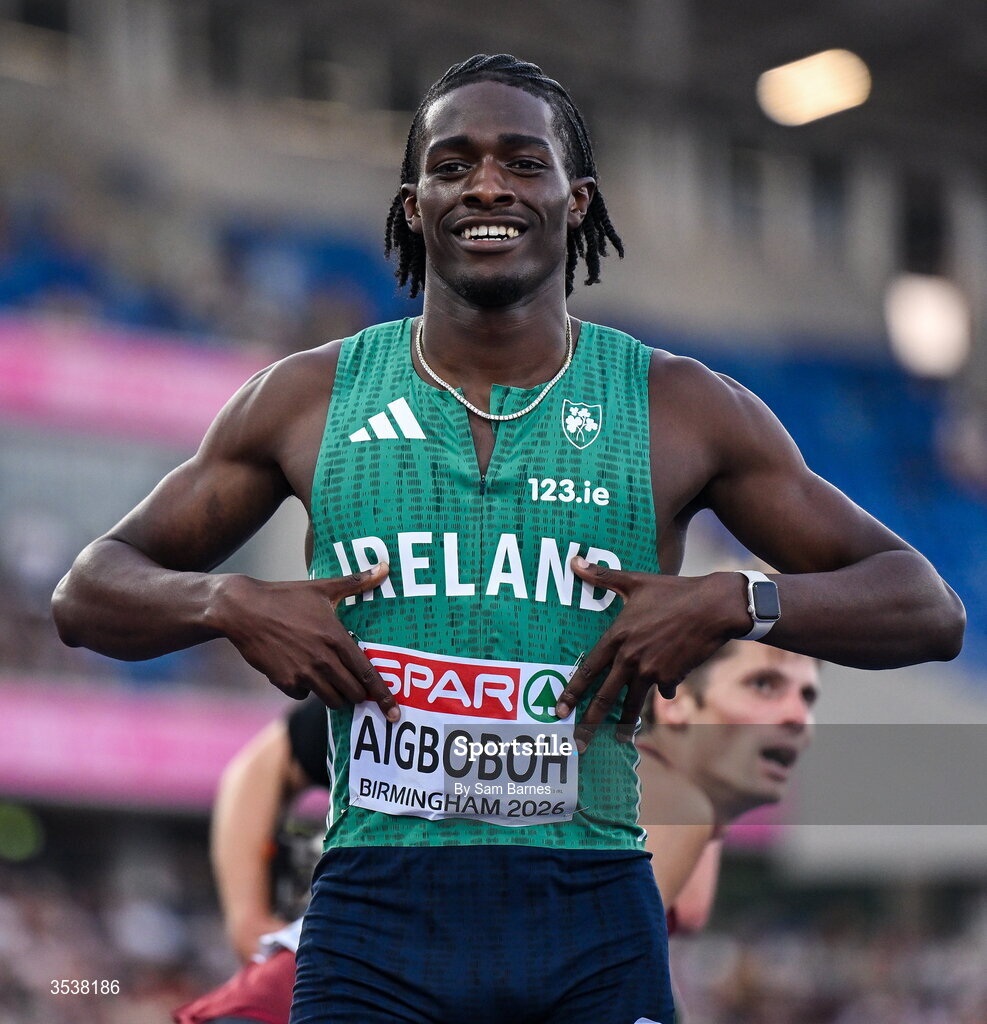 13 August 2026; Sean Aigboboh of Ireland celebrates after finishing fourth in his men's 200m semi-final during day four of the European Athletics Championships 2026 at Alexander Stadium in Birmingham, England. Photo by Sam Barnes/Sportsfile