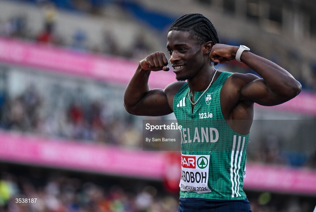 13 August 2026; Sean Aigboboh of Ireland celebrates after finishing fourth in his men's 200m semi-final during day four of the European Athletics Championships 2026 at Alexander Stadium in Birmingham, England. Photo by Sam Barnes/Sportsfile
