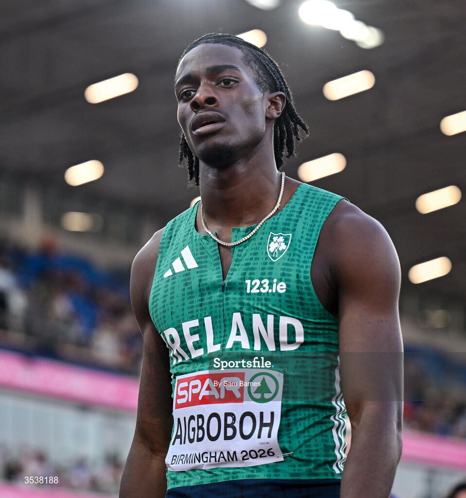 13 August 2026; Sean Aigboboh of Ireland after finishing fourth in his men's 200m semi-final during day four of the European Athletics Championships 2026 at Alexander Stadium in Birmingham, England. Photo by Sam Barnes/Sportsfile