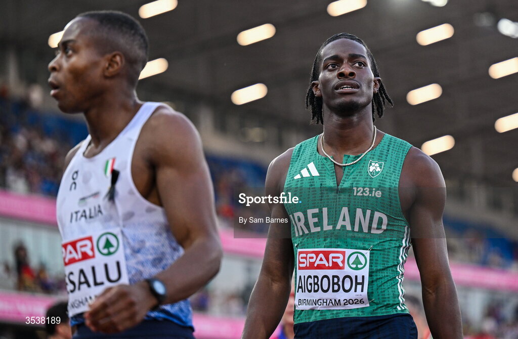 13 August 2026; Sean Aigboboh of Ireland, right, after finishing fourth in his men's 200m semi-final during day four of the European Athletics Championships 2026 at Alexander Stadium in Birmingham, England. Photo by Sam Barnes/Sportsfile