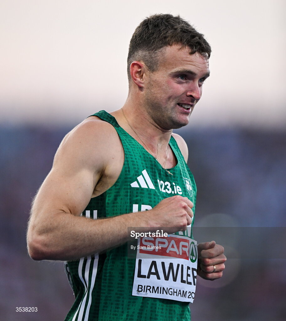 13 August 2026; Marcus Lawler of Ireland after his men's 200m semi-final during day four of the European Athletics Championships 2026 at Alexander Stadium in Birmingham, England. Photo by Sam Barnes/Sportsfile