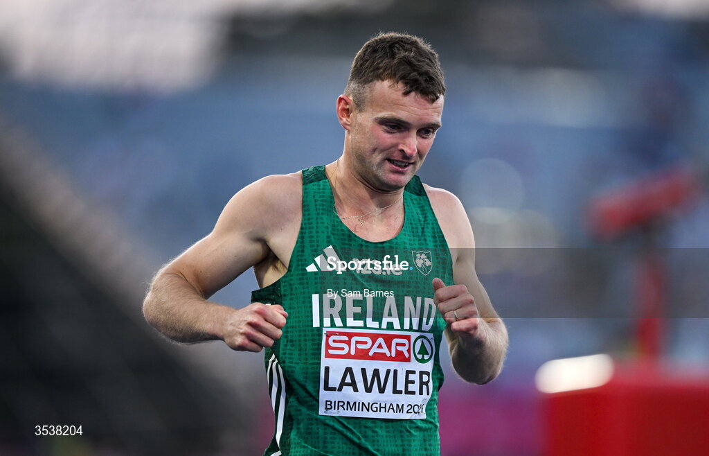 13 August 2026; Marcus Lawler of Ireland after his men's 200m semi-final during day four of the European Athletics Championships 2026 at Alexander Stadium in Birmingham, England. Photo by Sam Barnes/Sportsfile