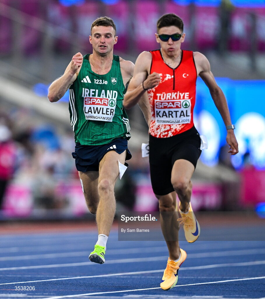 13 August 2026; Marcus Lawler of Ireland, left, competes in his men's 200m semi-final during day four of the European Athletics Championships 2026 at Alexander Stadium in Birmingham, England. Photo by Sam Barnes/Sportsfile